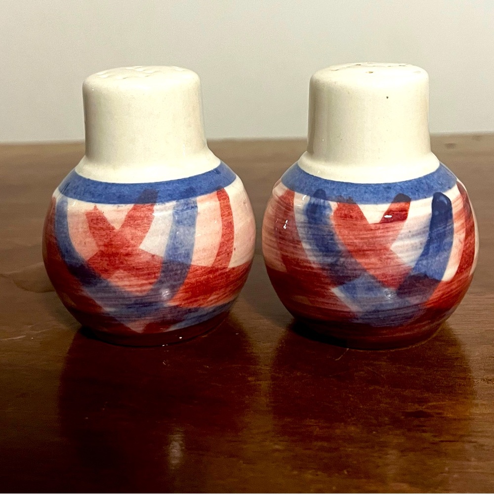 Vintage Vernon Kilns Calico Salt and Pepper Shakers Hand Painted CA Pottery